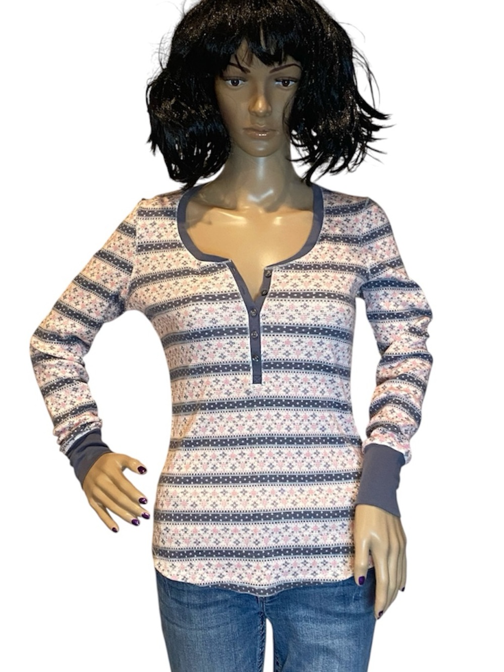 Victoria's Secret Henley Thermal Pajama Top ONLY Fair Isle Geometric Small NWOT